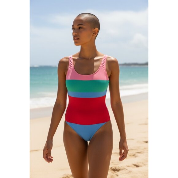 Ralph Lauren Womens 1980s Color Block One Piece Swimsuit Size 10 Multicolor - Picture 1 of 7